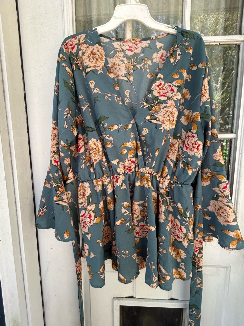 Floral Wrap Peplum Blouse - Teal Floral